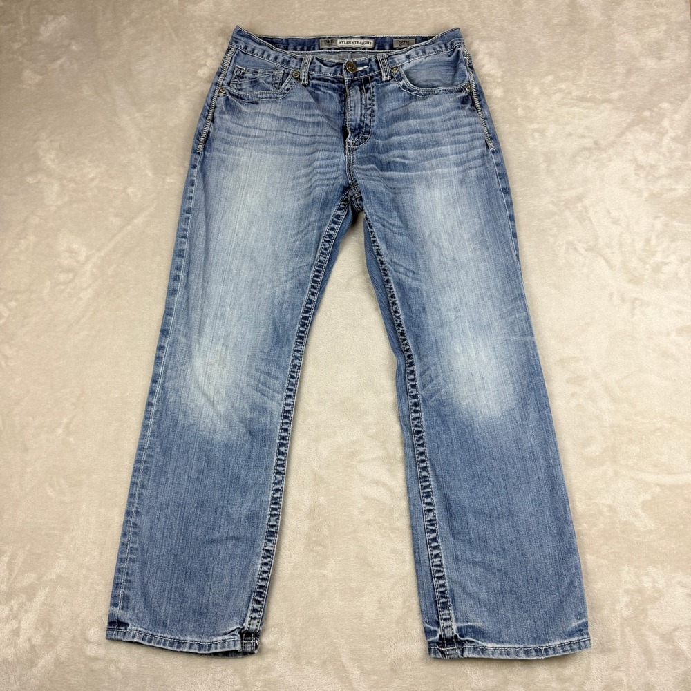BKE Tyler Straight Jeans Men 32S (32x29) Blue Heavy Stitch Distressed Grunge Y2K
